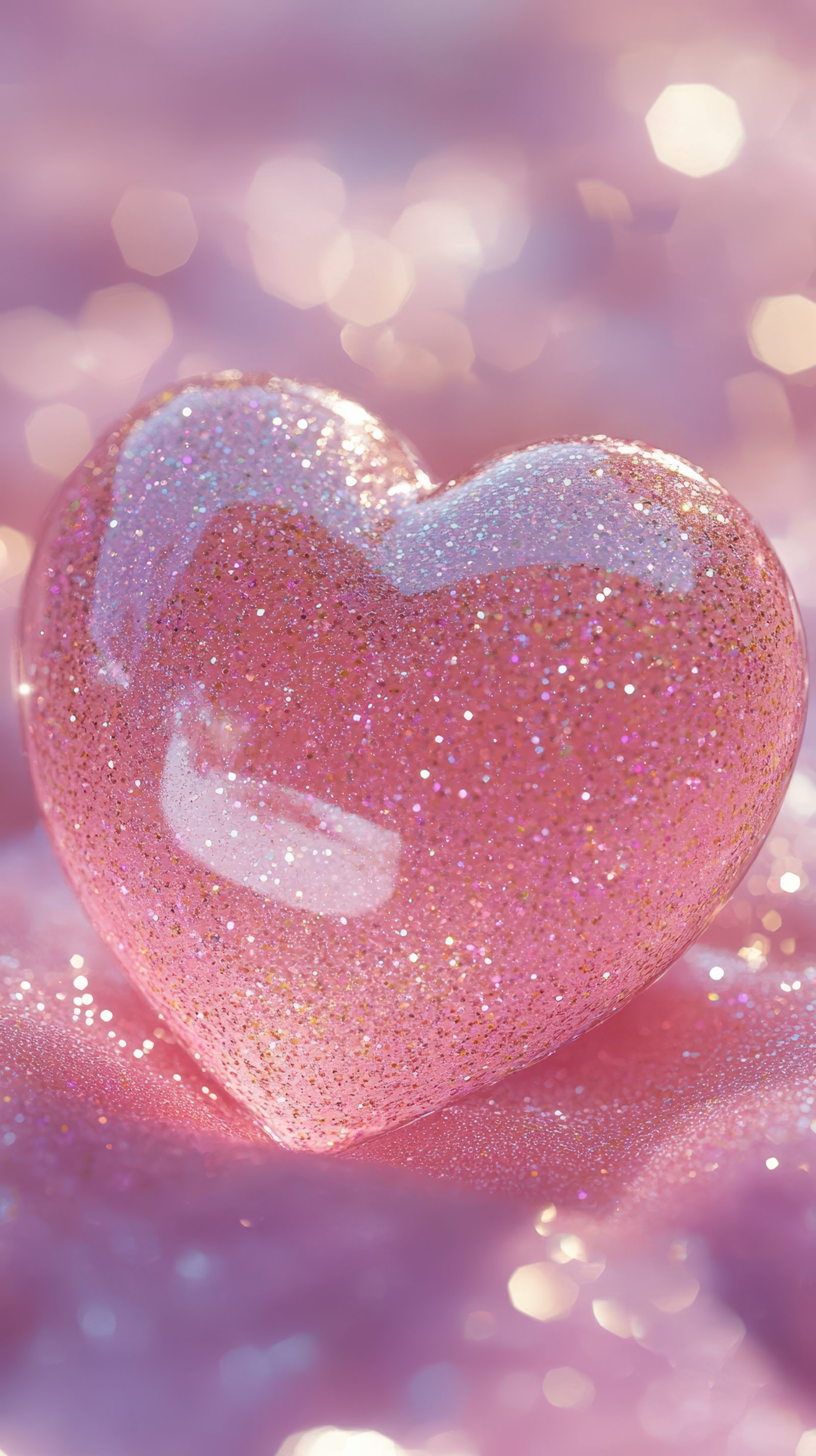 Shimmering pink heart ornament sparkles on a soft glittery surface during a serene afternoon